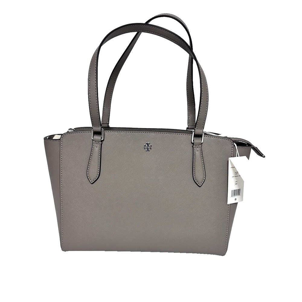 NWT! TORY BURCH EMERSON SMALL TOP ZIP LEATHER TOTE SHOULDER BAG GRAY HERON
